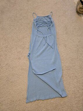 Spaghetti strap thigh slit cross back fine knit sweater midi dress